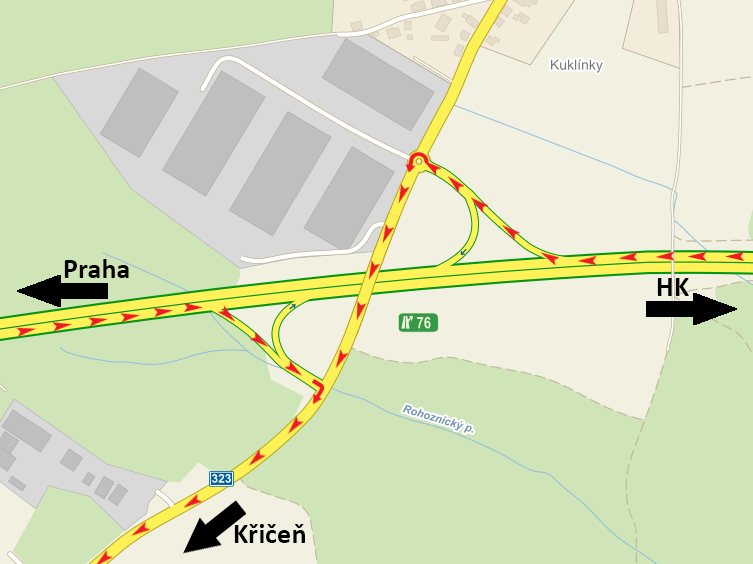 Směr z dálnice D11 exit 76